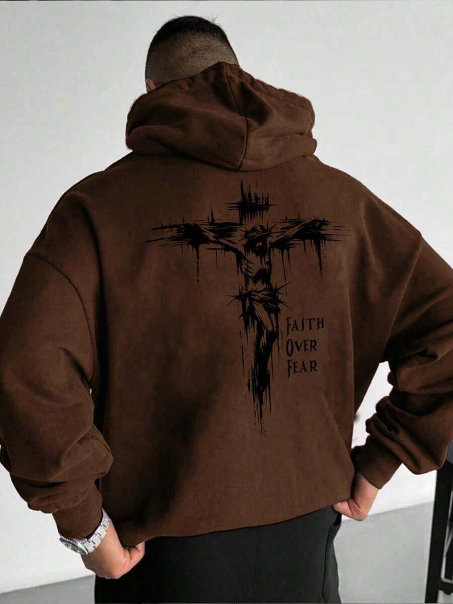 Nueva ropa de moda: Sudadera con capucha y cordón ajustable para hombre, corte holgado, con estampado de cruz de Jesús y letras, para primavera/otoño, manga larga. - Gris - Ver 1