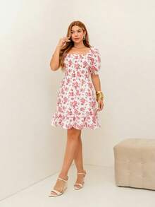 RAINBOW Women's Short Princess Floral Dress With Puff Sleeves And Elasticated Fabric - Elegant Fashion - One Size Fits 36-42 (Brazilian Sizes) - Crepe Fabric - 128-ROSA BB - 查看 5