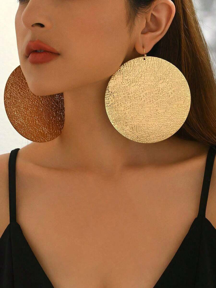 1 Pair Women's Fashion Simple Versatile Extra Large Geometric Round Mesh Metal Pendant Earrings - Yellow Gold 5 - View 1