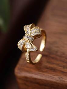 1 Pair Elegant Sweet Fashion Versatile Gold Bow Cubic Zirconia Decorated Ladies Ring, Adjustable Open Design, Suitable For Daily Wear, Commute, Party And Banquet Decoration, Women Jewelry Gift - Multicolor - View 2