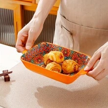 2 件套 16.9 盎司波西米亚风格长方形烤盘，带把手，不粘陶瓷材质，适用于烹饪、烘焙、砂锅菜、沙拉等，复古多色厨房用具，可用于烤箱和洗碗机，是绝佳的圣诞礼物 - 組合 - 查看 7