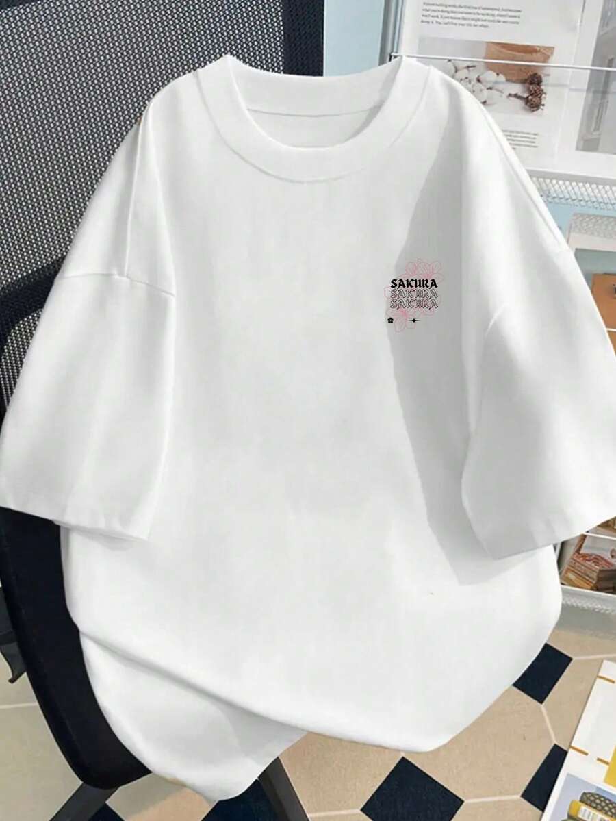 女士休闲圆领字母樱花印花短袖T恤，夏季 - 白色 - 查看 1