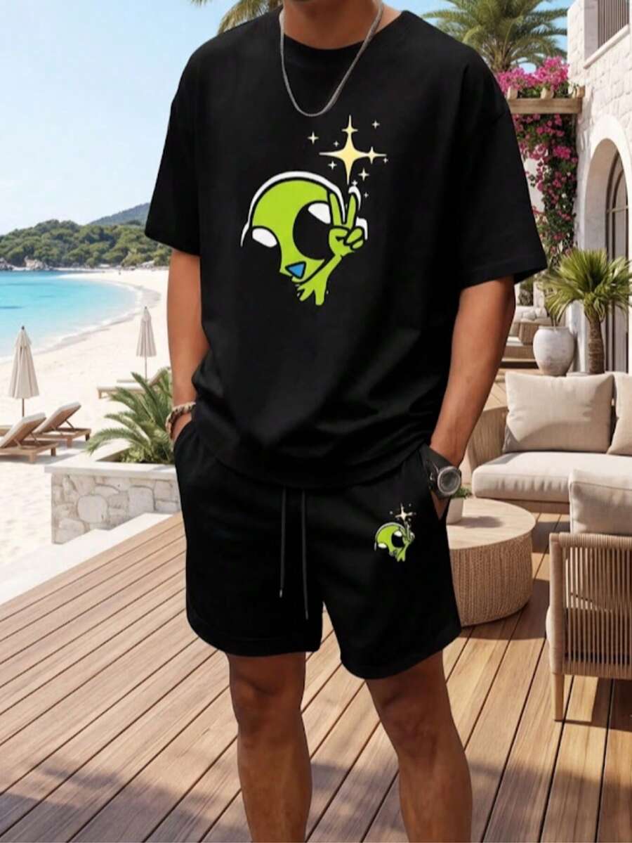 Alien Print Casual Summer Shorts Set ,Men's Summer Casual Short-Sleeved T-Shirt And Drawstring Shorts Two-Piece Set, Versatile, Stylish, Loose And Comfortable Clothing. - 黑色T卹 - 查看 1