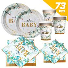 桉树绿箔纸“Oh Baby”一次性餐盘、餐巾纸和杯子套装，可供16位客人使用，适合生日、婚礼、派对、家庭野餐等场合。 - 款式3 - 查看 1