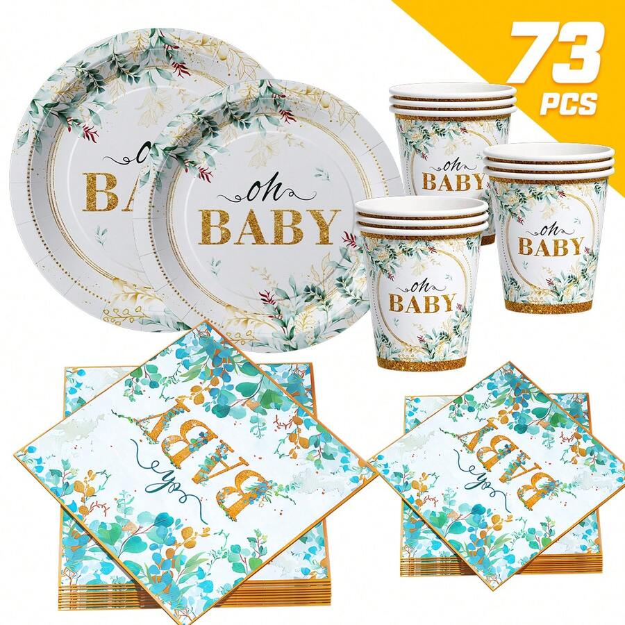 桉树绿箔纸“Oh Baby”一次性餐盘、餐巾纸和杯子套装，可供16位客人使用，适合生日、婚礼、派对、家庭野餐等场合。 - 款式3 - 查看 1