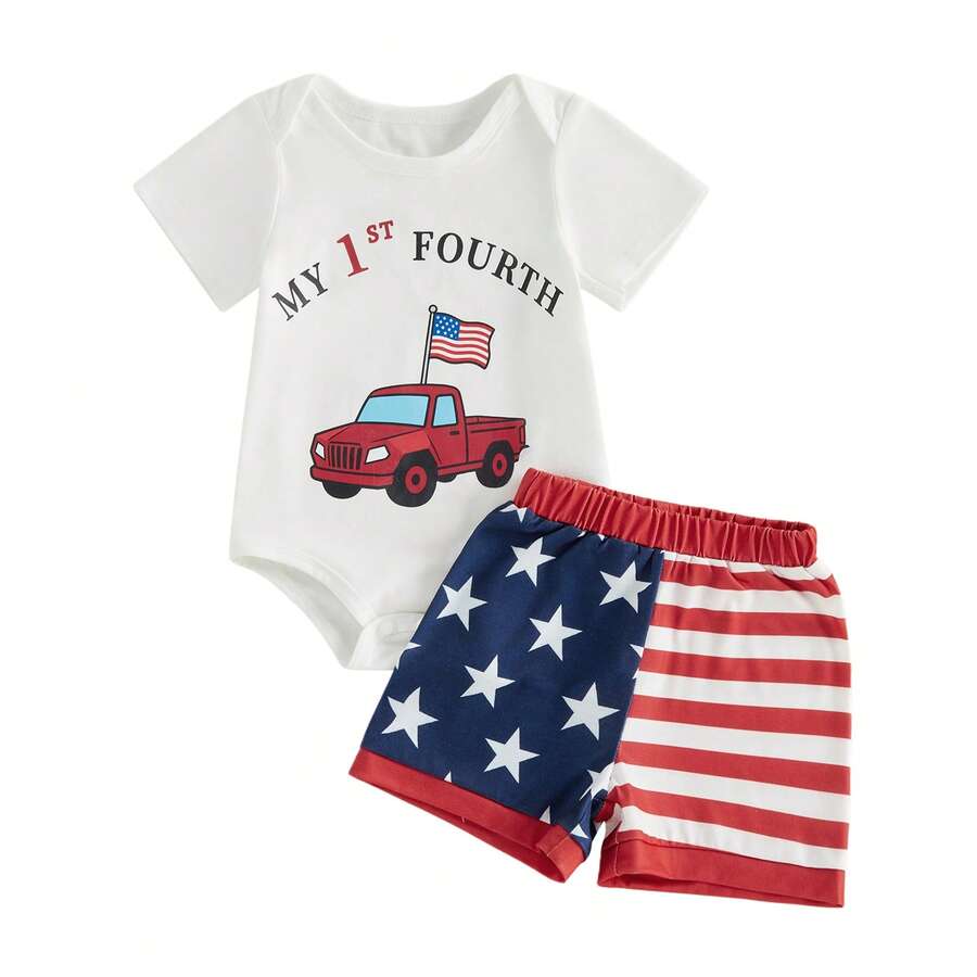 Baby Boy 4th Of July Outfit Patriotic Short Sleeve Flag Embroidery Striped Romper With Star Print Shorts 2Pcs Set , 4th Of July Baby Boy Outfit 0-3Months 3-6Months 6-12Months12-18Months - 藍紅白 - 查看 1