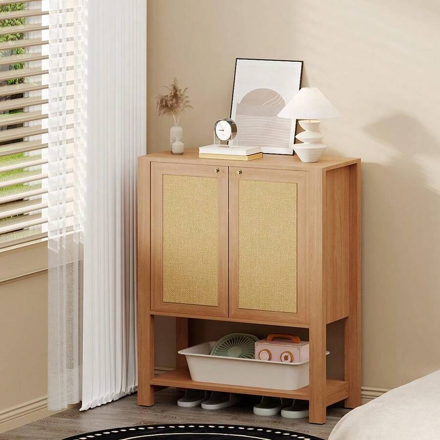 Großer Rattan Schuhschrank aus Holz, 40 Zoll – Schmal, freistehend, mit verstellbaren Einlegeböden & offenem Regal – Für Flur, Wohnzimmer, Schlafzimmer, Küche – Dunkle Eiche - Holzfarbe - Übersicht 1