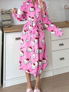SANRIO 1pc Hello Kitty Women's Plush Robe, Cute & Elegant, Warm & Comfortable For Autumn/Winter - Hot Pink - View 7