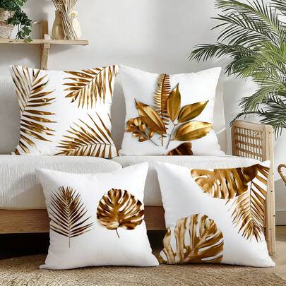 4pcs Tropical Golden Striped Leaf Pattern Pillow Covers - Soft Polyester, Suitable For Sofa, Bed, Car And Living Room Decor - Pillow Inserts Not Included