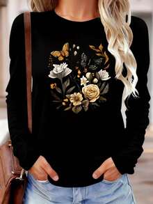 Women's Casual Long-Sleeve Round Neck Sweatshirt, White Pullover With European & American Style Floral Butterfly Print, Nature-Themed Graphic Top, Cozy Fall Fashion - màu đen - Xem 1