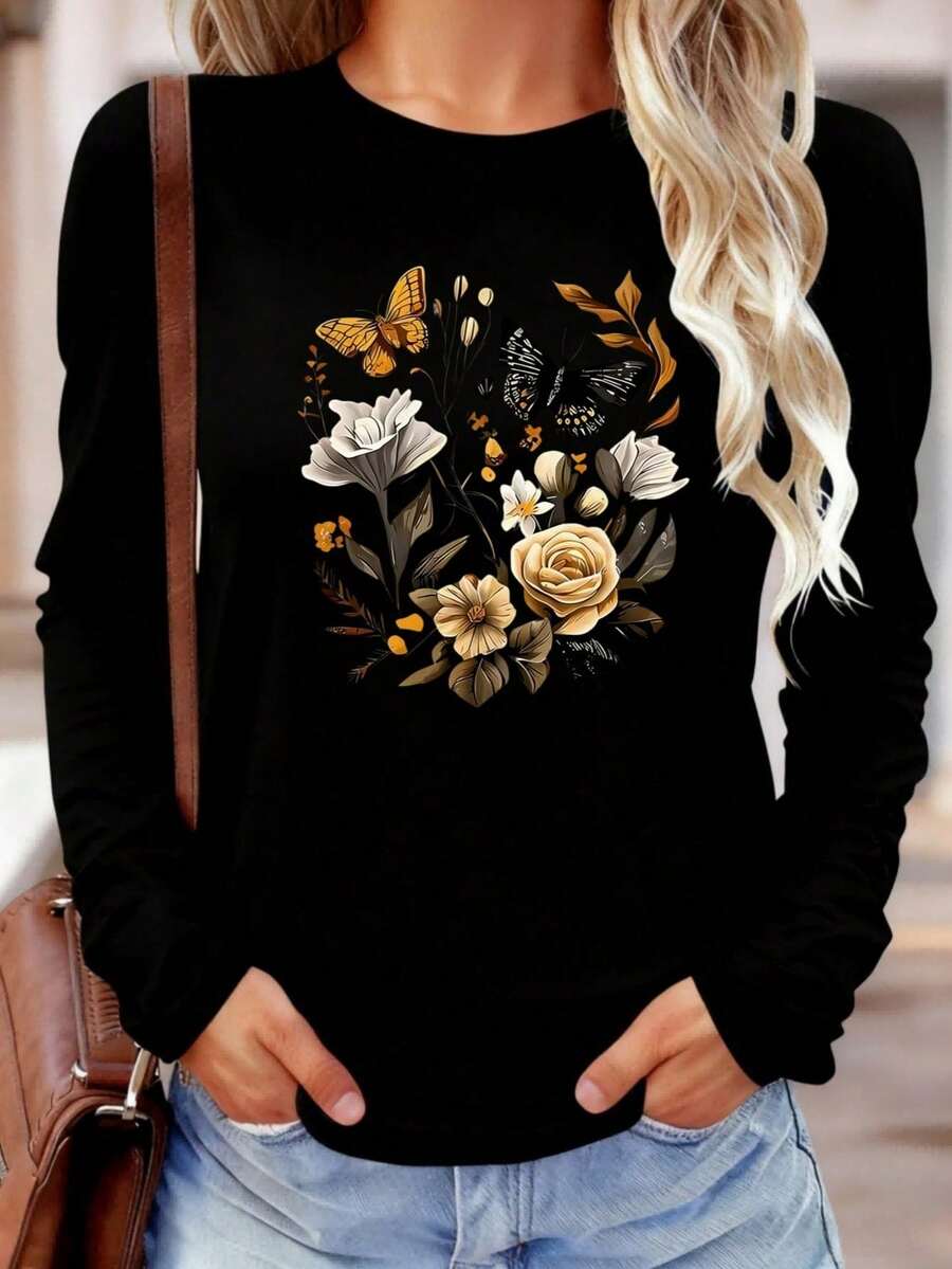 Women's Casual Long-Sleeve Round Neck Sweatshirt, White Pullover With European & American Style Floral Butterfly Print, Nature-Themed Graphic Top, Cozy Fall Fashion - màu đen - Xem 1