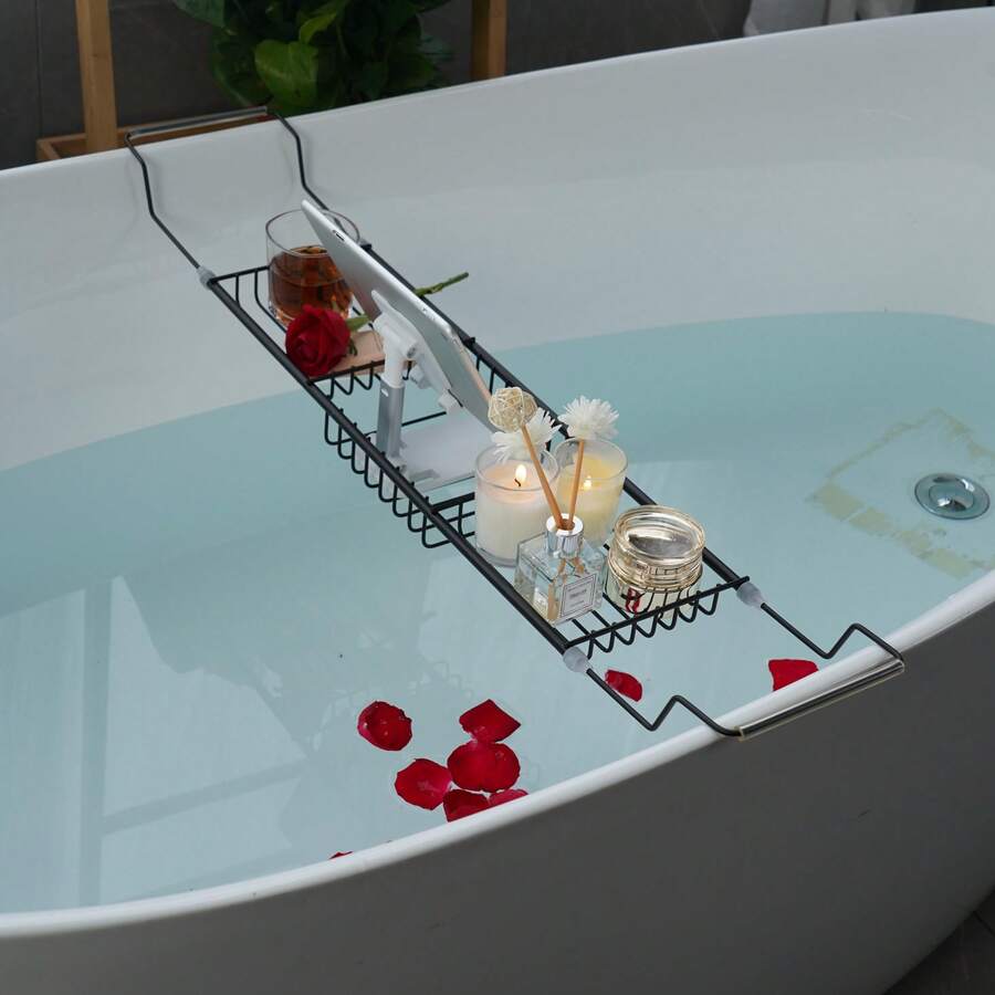 1pc Adjustable Black Metal Bathtub Tray - Expandable Metal Bathroom Storage Rack - B - View 1