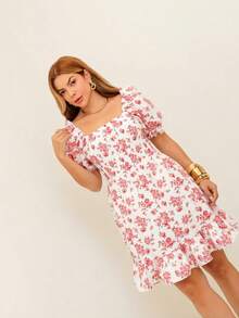 RAINBOW Women's Short Princess Floral Dress With Puff Sleeves And Elasticated Fabric - Elegant Fashion - One Size Fits 36-42 (Brazilian Sizes) - Crepe Fabric - 128-ROSA BB - 查看 3