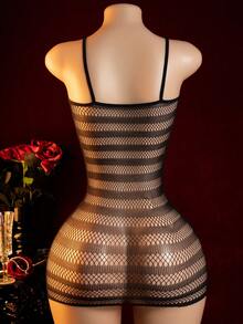 Women's Sexy Lingerie, Black Sexy Striped Mesh Patchwork Bodycon Slip Dress - Black - View 2