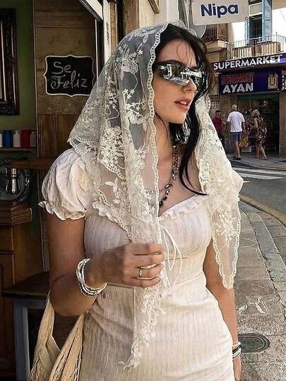 1 pieza Pañuelo de cabeza elegante de mujer con encaje floral de unicolor, hijab/chal bohemio de lujo, adecuado para uso diario, bodas, iglesias, eventos formales, vacaciones de verano en la playa