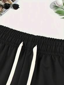 1 Set Of Summer New Men's Casual Sports Casual Suit Round Neck T-Shirt Short Sleeve + Shorts, Knitted Fabric, Fashionable Personality All-Rounder, Suitable For Outdoor Activities Printed Summer Two-Piece Set. - màu đen - Xem 5
