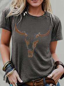 Bullhead Pattern T-Shirt - A Cutting-Edge Choice For Festival Enthusiasts And Bohemian Style Lovers - Fashionable Cowgirl Vibe - Soft Pure Cotton Material New Casual T-Shirts For Men And Women - 灰色 - 查看 7