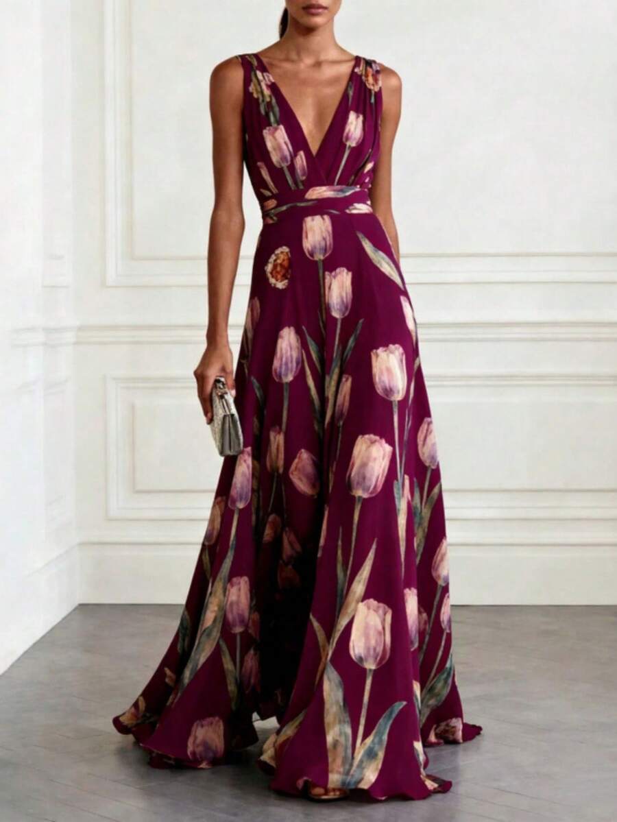 Tulip Print Sleeveless V-Neck Chiffon Long Dress For Women - Purple - View 1