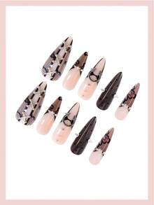 24 pezzi Unghie finte lunghe a stiletto con design in pizzo nero, punte metalliche e anelli, stile punk, finitura lucida, copertura completa per donne e ragazze - Multicolore - Visualizzare 3