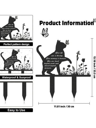 1 Set 13.4 X 12 Inch Metal Cat Memorial Plaque, Waterproof Pet Gravestone Outdoor Gravesite Commemorative Gift