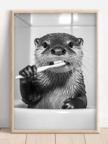 1pc Framed Canvas Wall Art, Interesting Otter Brushing Teeth Design, Vintage Bathroom Wall Decor, Minimalist Wall Decoration, Modern Art, Contemporary Home Decor, Living Room Wall Art, Fashion Art, Room Decoration, Dorm Decor, Bedroom, Bathroom, Home Decor, Office, Retro Poster, Dining Room, Aesthetic Art, Gift For Friends, Housewarming Gift, Party Decoration - Multicolor - View 9