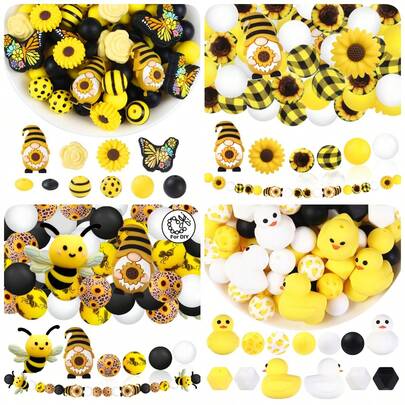 25/28/29/53PCS Summer Theme Silicone Bead Set, Includes Butterfly, Dwarf, Sunflower, Rose, Snail, Duck Shaped Designs, 15mm Beads, 15mm Printed Beads, Paired With Solid Yellow/Black Round Beads, And Bee Patterned Beads With Yellow Black Stripes, Overall Bright Yellow Black Color Scheme, Suitable For Pen Decorations, Phone Case Decor, Bracelets Or Other DIY Craft Accessories