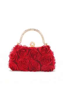 Túi xách cao cấp kiểu Pháp, họa tiết hoa hồng đỏ 3D sang trọng, thích hợp cho tiệc cưới hoặc các sự kiện dành cho phụ nữ. - Đỏ - Xem 2