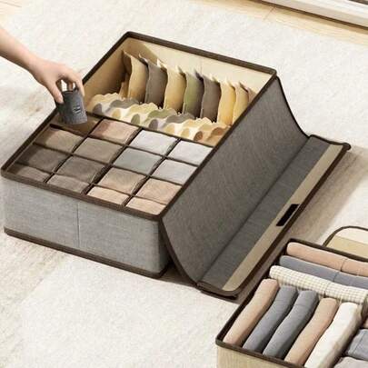Caja organizadora de ropa interior con tapa, cajón plegable para armario con 1+16 compartimentos, armario de tela plegable tipo cajón para clasificar ropa interior, bragas, calcetines, corbatas, sujetadores, toallas y bufandas (gris)