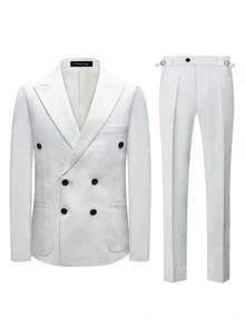 Men's Suit Set, Double Breasted Suit Jacket+Pants Two-Piece Set, Suitable For Business Banquet Dress Set - 白色 - 查看 2