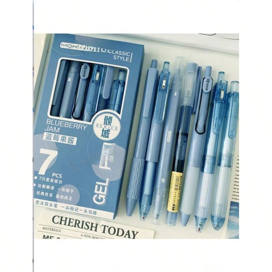 7pcs/Set ST Fine Tip Fountain Pen, Multi-Combination Set, Student Quick-Drying Calligraphy Brush Pen, Black Ballpoint Pen - Sets - View 1