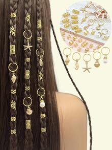 45pcs Ocean Style Hair Rings, Including Gold Starfish, Seashell, Shell And White Pearl, Multiple Shapes Summer Adjustable Hair Clips, Suitable For Braids And Twisted Hair - Gold - View 2
