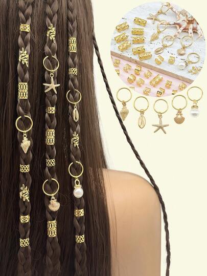 45pcs Ocean Element Hair Rings With Golden Starfish, Conch, Shells & White Pearls - Assorted Shape Summer Adjustable Alloy Cuffs, Coastal Boho Jewelry For Dreadlocks & Braids