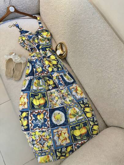 女士度假连衣裙，夏季套装，无袖连衣裙，黄色蝴蝶结柠檬印花，优雅时尚，度假，海滩，休闲，简约，多色设计，宽松舒适，粗肩带，无肩带，女士编织套头连衣裙