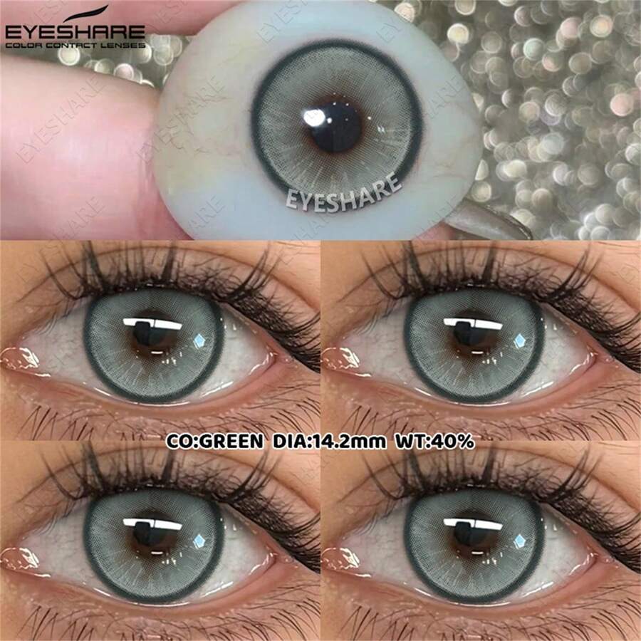 Eyeshare 彩色灰棕色柔和蓝色美瞳，适合日常佩戴和旅行，绿色美瞳，一年使用，14.2毫米