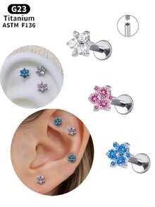 1件 ASTM F136 钛金属内螺纹平底耳钉，小圆花立方氧化锆耳钉，G23 钛金属耳骨耳廓鼻唇穿孔饰品，适合敏感耳，男女通用，粉色/蓝色 - 1Pc-Titanium - 查看 2