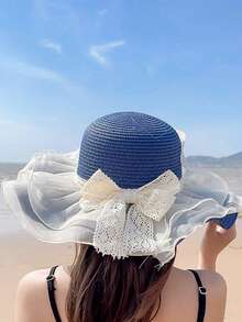 Women's Straw Hat, Fashionable Outdoor Travel Beach Hat, Summer Versatile Sunshade Hat, Foldable Wide Brim Straw Hat, Essential For Vacation Travel, Daily Use Gift - Lace Trim Fairy Straw Hat - View 11