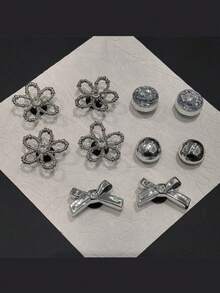 10 buc/set pandantive pentru pantofi cu motive florale închise la culoare, cleme detașabile pentru pantofi, stil balet, cu fundă argintie și stras - Multicolor - Vizualizare 3