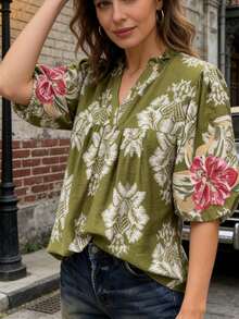 Women's Spring/Summer Vacation Outfit: White Floral Print Blouse With Contrasting Floral Cuffs And V-Neck Design - Green - View 9