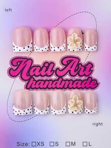 10 piezas de puntas de uñas cuadradas hechas a mano, estilo Y2K baddie, color nude y blanco con puntas francesas, lunares, decoración de lazos, piezas de uñas brillantes, adecuadas para fiestas, bodas y uso diario, incluye kit de herramientas, gran regalo para mujeres y niñas Uñas postizas - Blanco y Negro - Ver 1