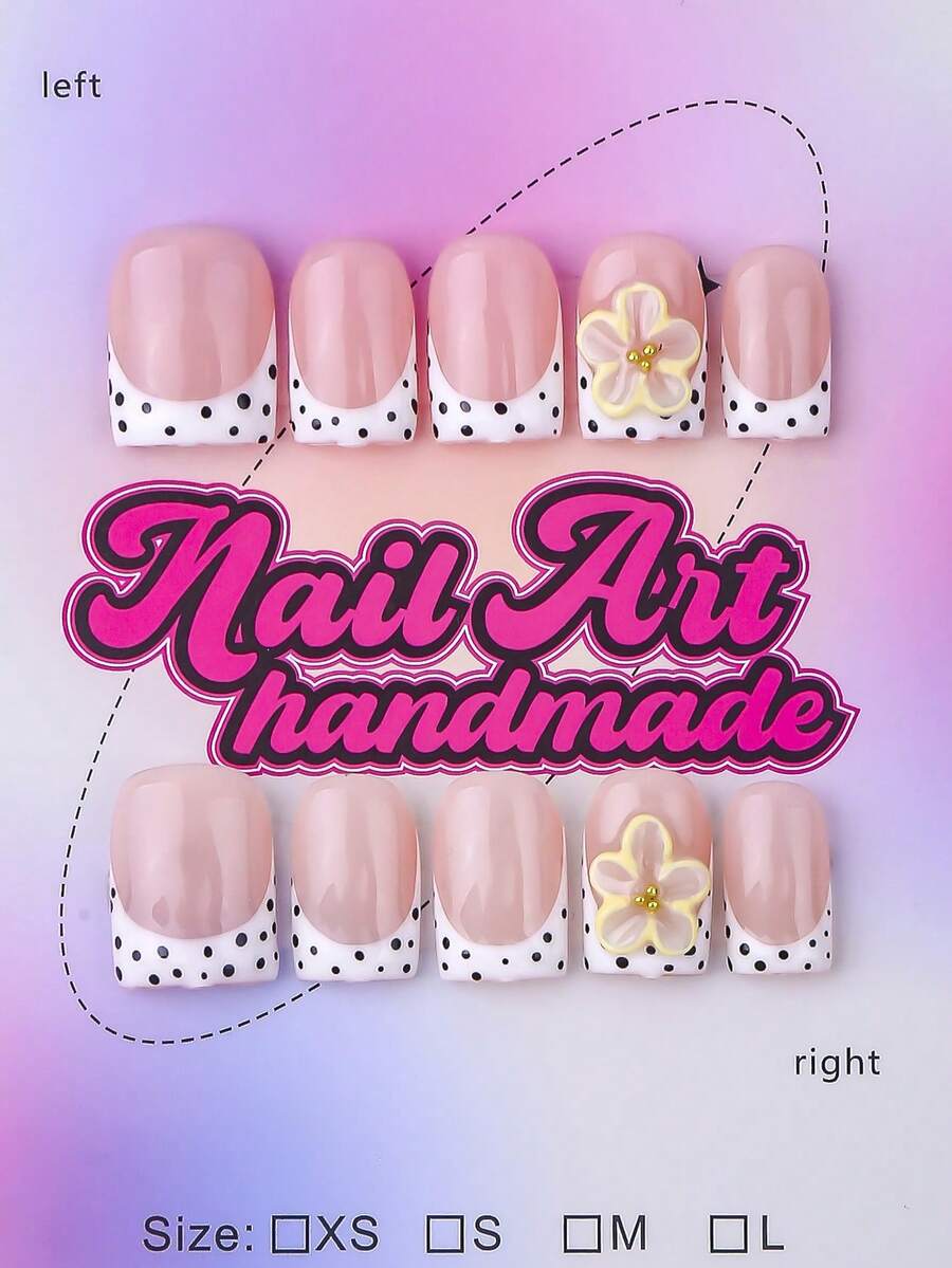 10 piezas de puntas de uñas cuadradas hechas a mano, estilo Y2K baddie, color nude y blanco con puntas francesas, lunares, decoración de lazos, piezas de uñas brillantes, adecuadas para fiestas, bodas y uso diario, incluye kit de herramientas, gran regalo para mujeres y niñas Uñas postizas - Blanco y Negro - Ver 1