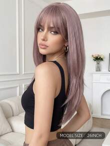 26 Zoll langes, stufiges Perücke in Rosé-Grau mit Pony - hitzebeständiges synthetisches Haar, natürlich aussehendes synthetisches Haarteil für täglichen Gebrauch, für Frauen geeignet für Partys und den Alltag - Verschiedenfarbig - Übersicht 4