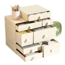 1 pieza Caja de almacenamiento de escritorio de PP beige, caja de almacenamiento de oficina, organizador de cajón de tocador de casa para cosméticos y lápices labiales (se envían aleatoriamente asas nuevas y antiguas, las letras de la caja son aleatorias) - Beis - Ver 4