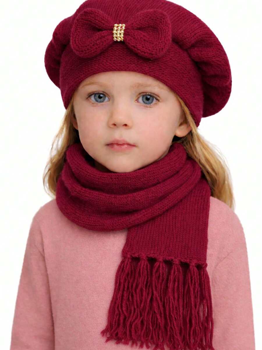Children's Wool Beret And Scarf Set With Bow, Various Colors. - 酒紅色 - 查看 1