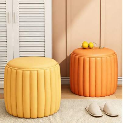 Banco de zapatos de cuero redondo de lujo, ¡con acolchado suave y esponjoso! Taburete de sofá con forma de calabaza, cómodo para sentarse durante mucho tiempo, reposapiés de sofá multifuncional, ahorra espacio y es práctico para la sala de estar y la entrada