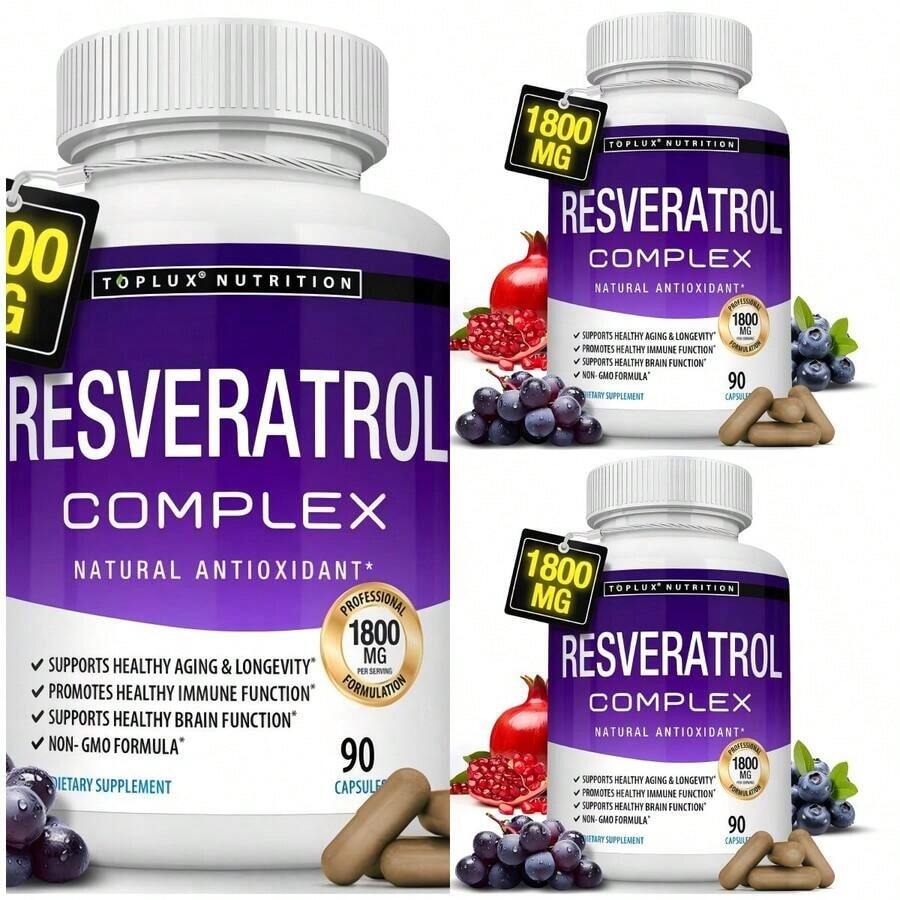 Resveratrol Supplement 1800 Mg Antioxidant Complex - Highly Potent Natural Trans-Resveratrol Pills For Healthy Aging, Overall Health Support, Immune System, Brain Function, For Men Women, 90 Capsules - 3件 - 查看 1