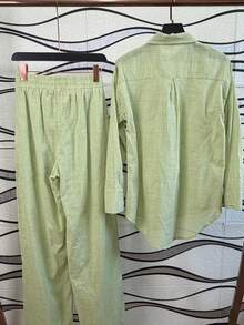 Linen Shirt And Pants Set (2 Pieces), Lined With Elastic. - Olivgrön - Visa 4