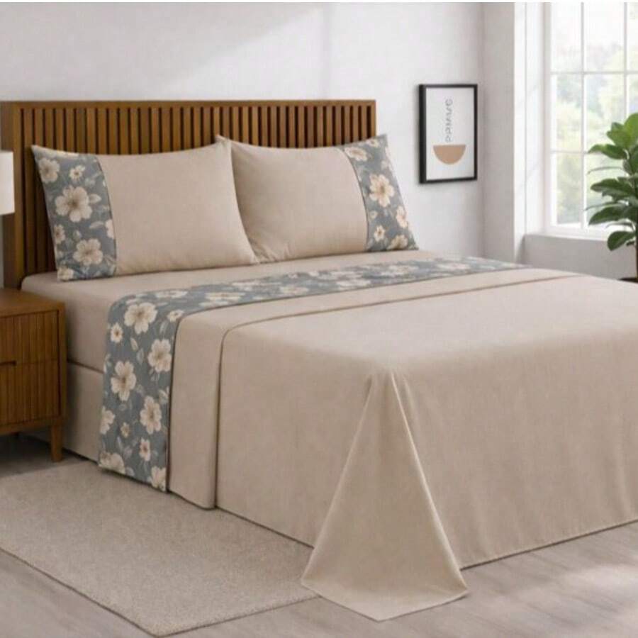 Alegra 400 Thread Count Silk Touch 4-Piece Sheet Set For Double/Queen/King Sizes - Premium Comfort - Gray Beige Flora - View 1