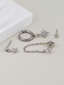 4pcs Cubic Zirconia Star Pendant Earrings Set, Sparkling Jewelry Suitable For Women's Daily, Date, Music Festival Layering - Silver - View 5