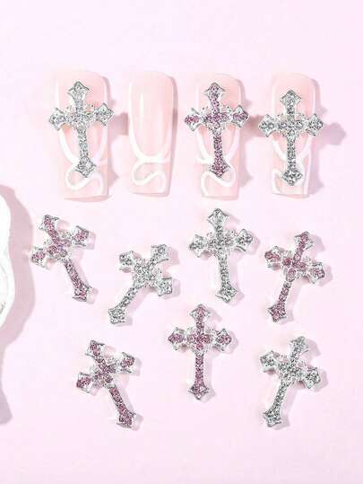 10 chiếc phụ kiện hình thánh giá đính đá màu hồng và trắng, phụ kiện trang trí móng tay bằng hợp kim lấp lánh, đồ trang sức móng tay tự làm.