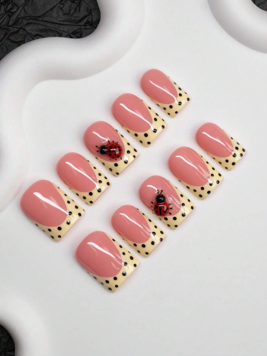 10pcs Square Shaped Handmade Nail Tips, Y2K Baddie Style, Nude & Yellow Color With French Tips, Polka Dots, Ladybug Elements, Shiny Nail Decor, Suitable For Party, Dance, Daily Wear, Includes Tool Kit, Great Gift For Women & Girls Nails - Multicolor - View 1